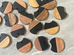 Wood Grain + Black resin Beads, round cutout acrylic 25mm Earring Necklace pendant bead, one hole at top DIY wooden blanks