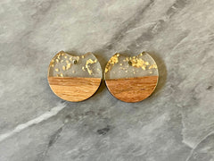 MINI Wood Grain + gold foil resin Beads, round cutout acrylic 25mm Earring Necklace pendant bead, one hole DIY wooden blanks brown