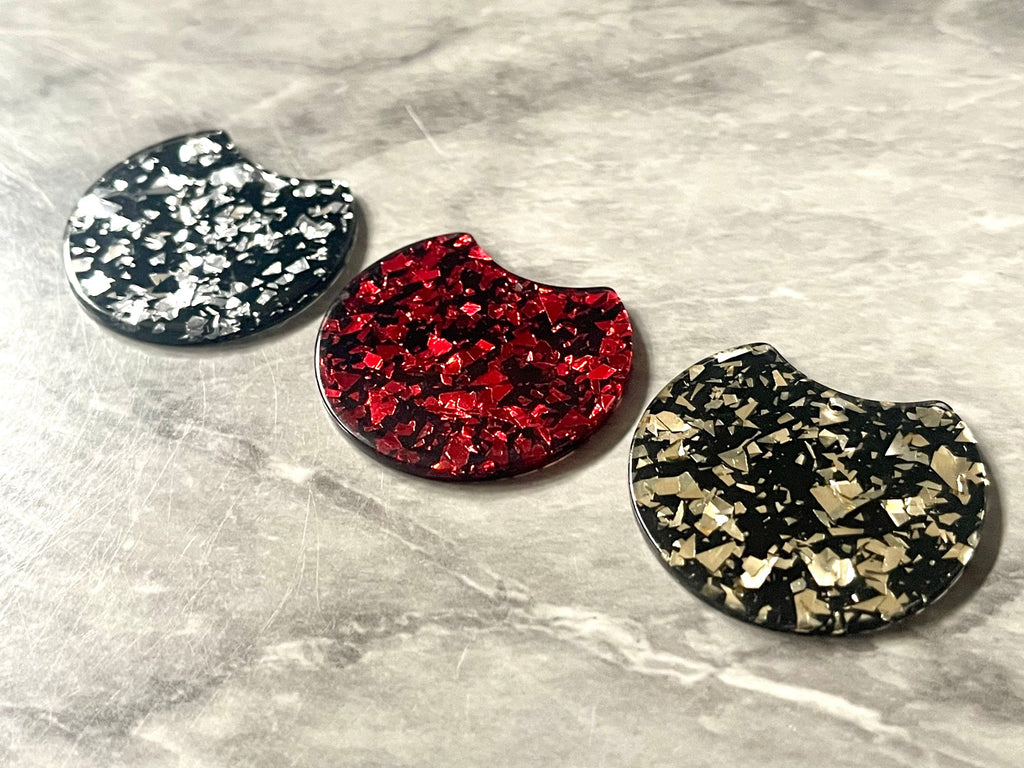 Christmas Glitter Foil on Black Confetti Beads, circle cutout acrylic 36mm Earring Necklace pendant bead one hole at top, colorful acrylic