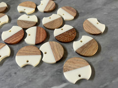Wood Grain + Cream resin Beads, round cutout acrylic 25mm Earring Necklace pendant bead, one hole at top DIY wooden blanks