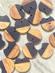 Wood Grain + Navy Blue resin Beads, round cutout acrylic 25mm Earring Necklace pendant bead, one hole at top DIY wooden blanks