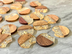 MINI Wood Grain + gold foil resin Beads, round cutout acrylic 25mm Earring Necklace pendant bead, one hole DIY wooden blanks brown