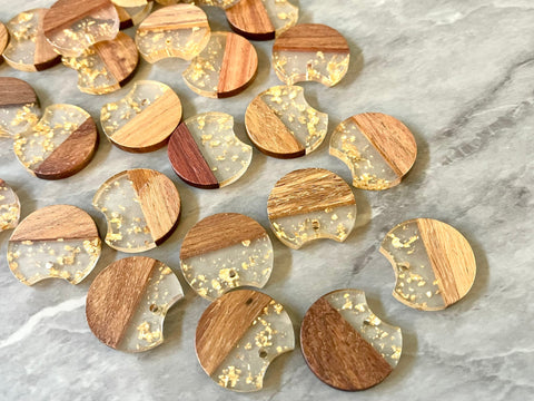 MINI Wood Grain + gold foil resin Beads, round cutout acrylic 25mm Earring Necklace pendant bead, one hole DIY wooden blanks brown