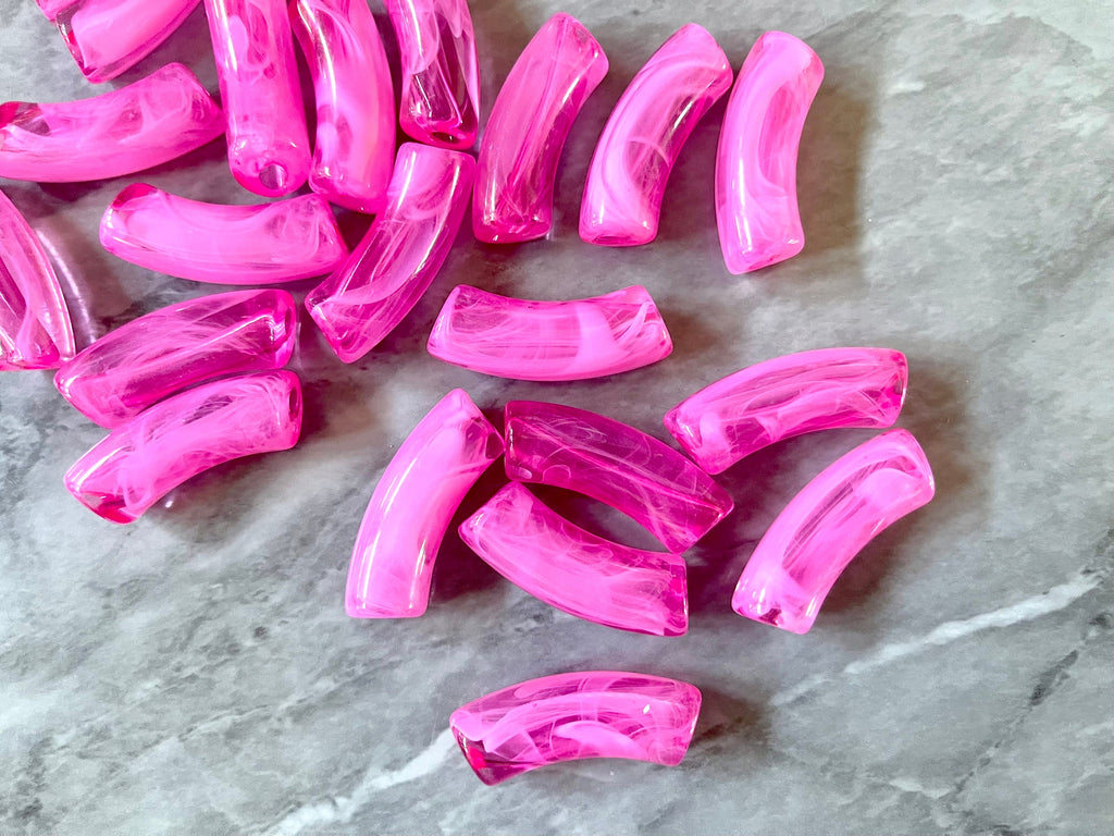 Acrylic curved tube beads, Bubblegum PINK 34mm tube bracelet beads, resin tube beads accent statement bracelet, stretch bracelet beads