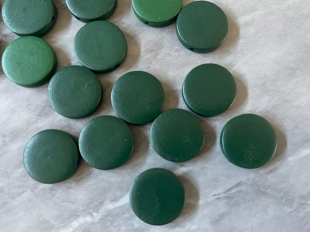 Green Wood Painted 20mm Flat Round beads, chunky jewelry earrings, jewelry making, big Beads, hippie drop earrings mod boho rainbow