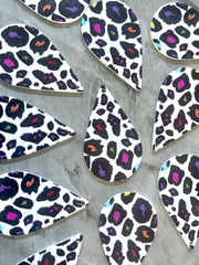 Animal Print Rainbow Cheetah, wood teardrop printed earring blanks, cheetah print jewelry, rainbow jewelry laser cut blanks