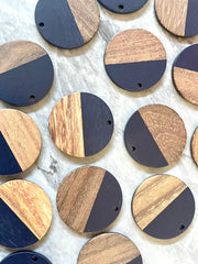 Wood Grain + Navy Blue resin Beads, round cutout acrylic 29mm Earring Necklace pendant bead, one hole at top DIY wooden blanks