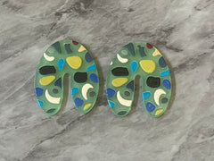 Green Terrazzo Rainbow Mosaic Beads, U cutout acrylic 40mm Earring Necklace pendant bead one hole top, acrylic circular jewelry black blue