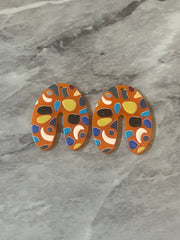 Orange Terrazzo Rainbow Mosaic Beads, U cutout acrylic 40mm Earring Necklace pendant bead one hole top, acrylic circular jewelry black blue