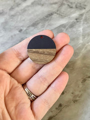 Wood Grain + Navy Blue resin Beads, round cutout acrylic 29mm Earring Necklace pendant bead, one hole at top DIY wooden blanks