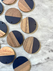 Wood Grain + Navy Blue resin Beads, round cutout acrylic 29mm Earring Necklace pendant bead, one hole at top DIY wooden blanks