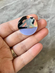 REVERSIBLE Periwinkle Yellow Resin + Rainbow print wavy cutout acrylic 28mm Earring Necklace pendant bead one hole top print round