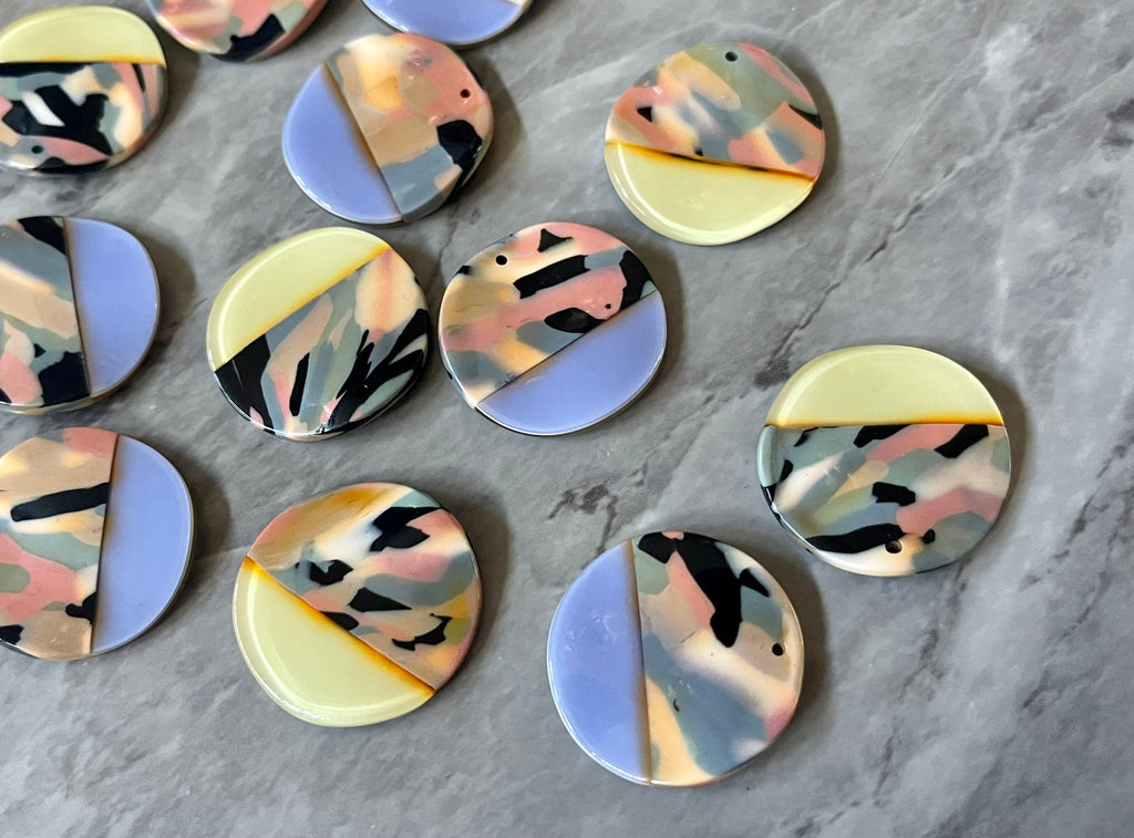 REVERSIBLE Periwinkle Yellow Resin + Rainbow print wavy cutout acrylic 28mm Earring Necklace pendant bead one hole top print round