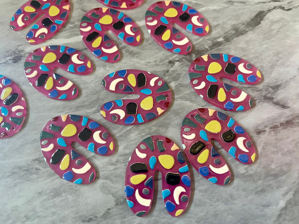 Pink Terrazzo Rainbow Mosaic Beads, U cutout acrylic 40mm Earring Necklace pendant bead one hole top, acrylic circular jewelry black blue