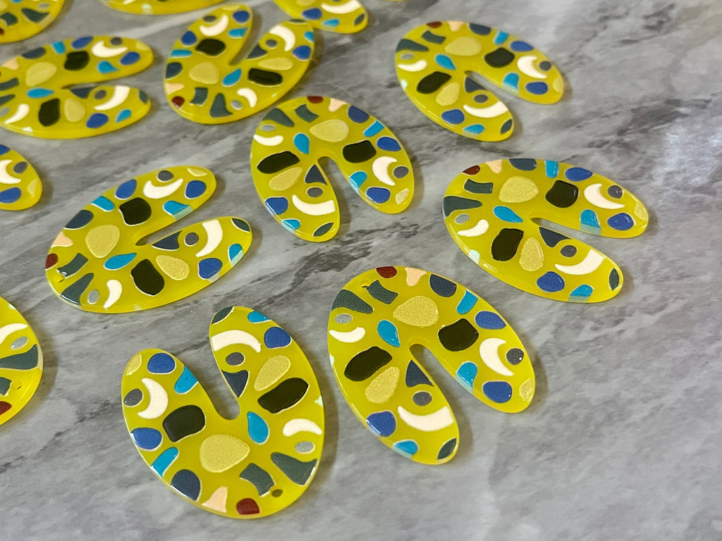 Yellow Terrazzo Rainbow Mosaic Beads, U cutout acrylic 40mm Earring Necklace pendant bead one hole top, acrylic circular jewelry black blue