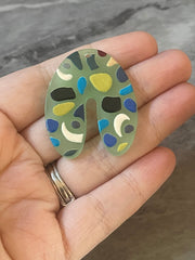 Green Terrazzo Rainbow Mosaic Beads, U cutout acrylic 40mm Earring Necklace pendant bead one hole top, acrylic circular jewelry black blue