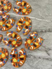 Orange Terrazzo Rainbow Mosaic Beads, U cutout acrylic 40mm Earring Necklace pendant bead one hole top, acrylic circular jewelry black blue