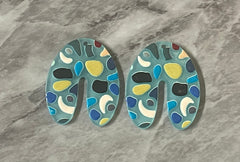 Blue Terrazzo Rainbow Mosaic Beads, U cutout acrylic 40mm Earring Necklace pendant bead one hole top, acrylic circular jewelry black blue