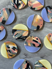 REVERSIBLE Periwinkle Yellow Resin + Rainbow print wavy cutout acrylic 28mm Earring Necklace pendant bead one hole top print round
