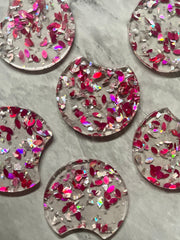 Pink Oval & Confetti Resin Beads, circle cutout acrylic 36mm Earring Necklace pendant bead, one hole at top, dark pink jewelry acrylic DIY