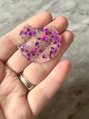 Purple Heart & Silver Confetti Resin Beads, circle cutout acrylic 36mm Earring Necklace pendant bead, one hole at top, jewelry acrylic DIY