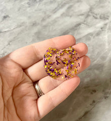 Purple & Gold Confetti Resin Beads, circle cutout acrylic 36mm Earring Necklace pendant bead, one hole at top, Gold jewelry acrylic DIY