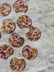 Purple & Gold Confetti Resin Beads, circle cutout acrylic 36mm Earring Necklace pendant bead, one hole at top, Gold jewelry acrylic DIY