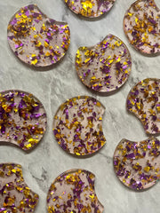 Purple & Gold Confetti Resin Beads, circle cutout acrylic 36mm Earring Necklace pendant bead, one hole at top, Gold jewelry acrylic DIY
