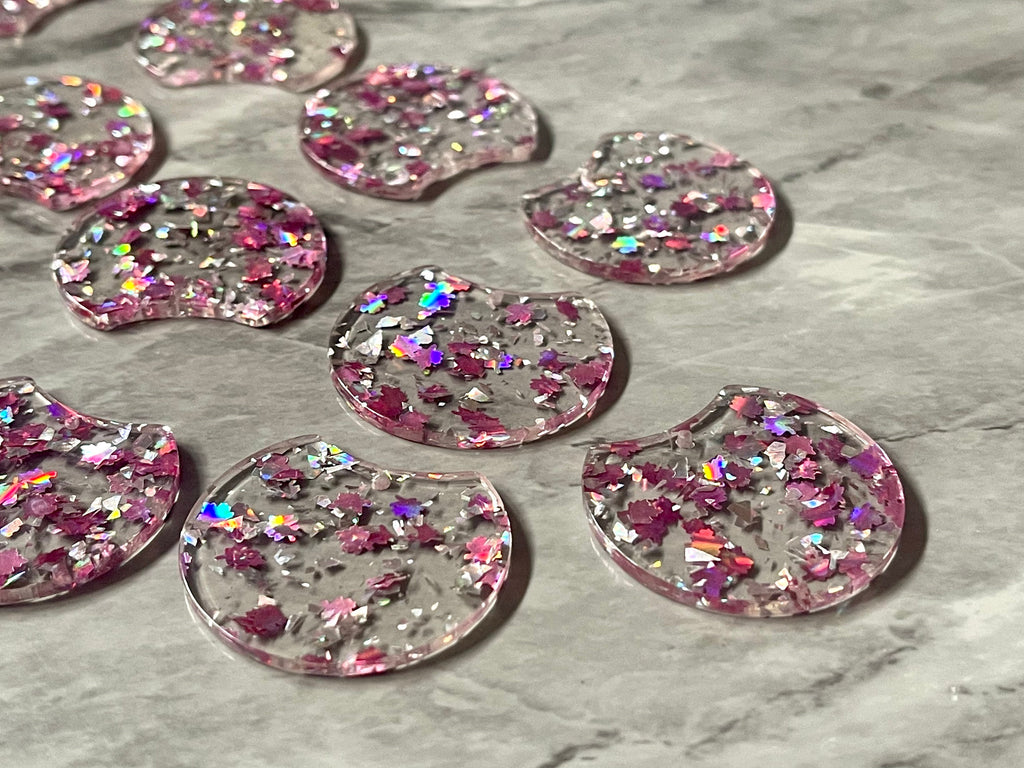 Hologram Pink Leaf Confetti Resin Beads, circle cutout acrylic 36mm Earring Necklace pendant bead, one hole at top, jewelry acrylic DIY