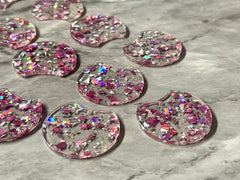 Hologram Pink Leaf Confetti Resin Beads, circle cutout acrylic 36mm Earring Necklace pendant bead, one hole at top, jewelry acrylic DIY