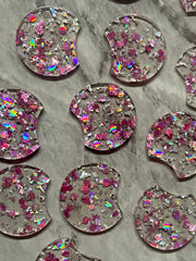 Hologram Pink Leaf Confetti Resin Beads, circle cutout acrylic 36mm Earring Necklace pendant bead, one hole at top, jewelry acrylic DIY