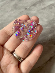 Hologram Pink Leaf Confetti Resin Beads, circle cutout acrylic 36mm Earring Necklace pendant bead, one hole at top, jewelry acrylic DIY