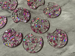 Hologram Pink Leaf Confetti Resin Beads, circle cutout acrylic 36mm Earring Necklace pendant bead, one hole at top, jewelry acrylic DIY