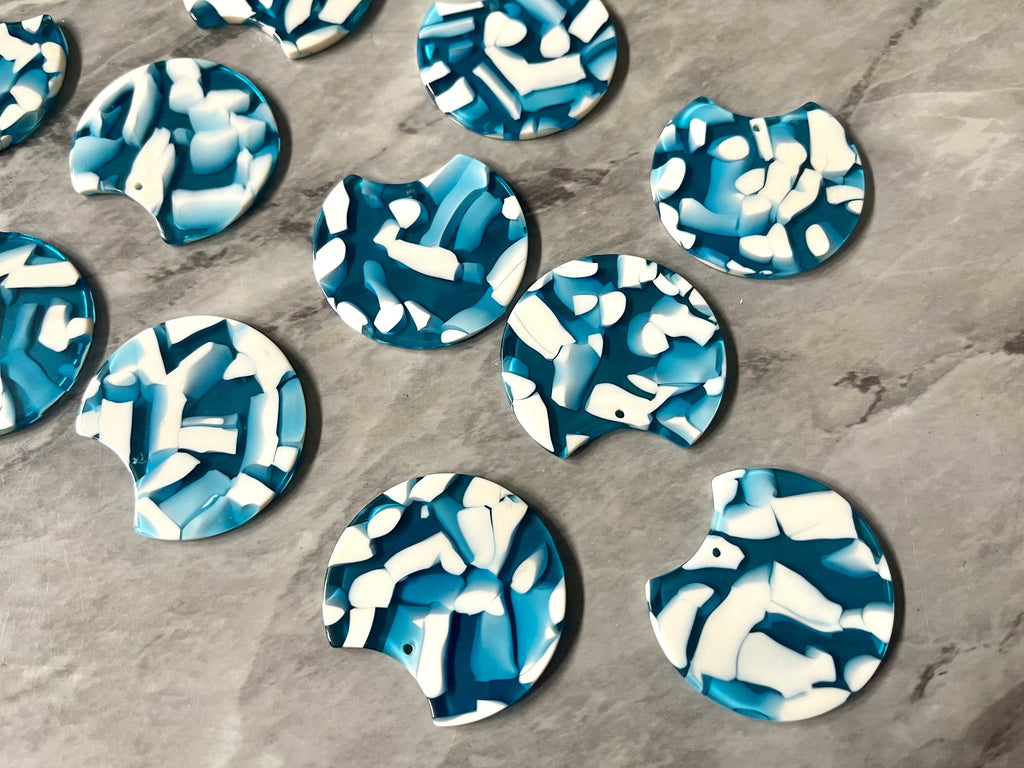 Blue & White Mosaic Beads, circle cutout acrylic 36mm Earring Necklace pendant bead one hole top, football basketball acrylic circular