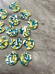 Blue Green & White Mosaic Beads, circle cutout acrylic 36mm Earring Necklace pendant bead one hole top, yellow gold acrylic circular