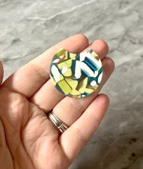 Blue Green & White Mosaic Beads, circle cutout acrylic 36mm Earring Necklace pendant bead one hole top, yellow gold acrylic circular
