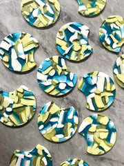 Blue Green & White Mosaic Beads, circle cutout acrylic 36mm Earring Necklace pendant bead one hole top, yellow gold acrylic circular