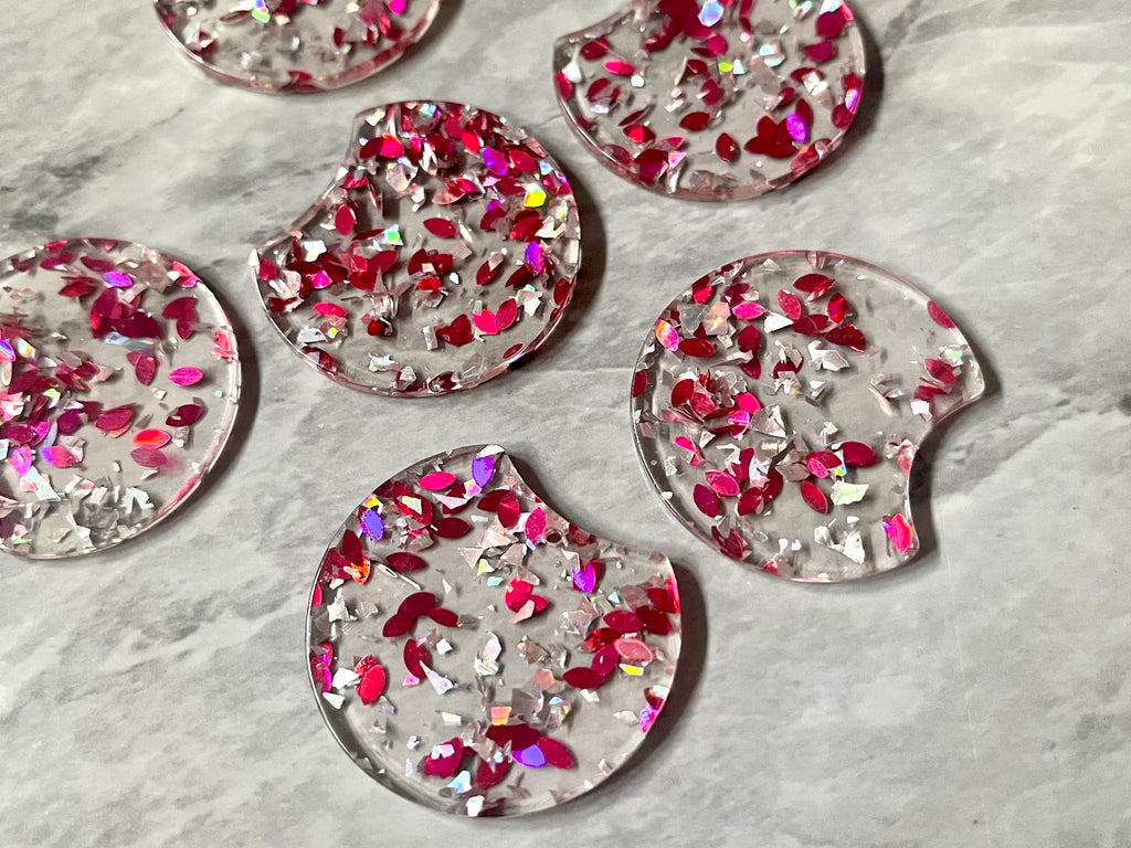 Pink Oval & Confetti Resin Beads, circle cutout acrylic 36mm Earring Necklace pendant bead, one hole at top, dark pink jewelry acrylic DIY