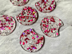 Pink Oval & Confetti Resin Beads, circle cutout acrylic 36mm Earring Necklace pendant bead, one hole at top, dark pink jewelry acrylic DIY
