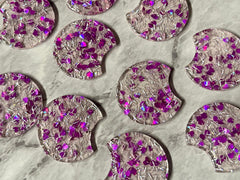 Purple Heart & Silver Confetti Resin Beads, circle cutout acrylic 36mm Earring Necklace pendant bead, one hole at top, jewelry acrylic DIY
