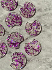 Purple Heart & Silver Confetti Resin Beads, circle cutout acrylic 36mm Earring Necklace pendant bead, one hole at top, jewelry acrylic DIY