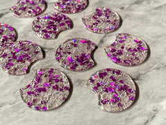 Purple Heart & Silver Confetti Resin Beads, circle cutout acrylic 36mm Earring Necklace pendant bead, one hole at top, jewelry acrylic DIY