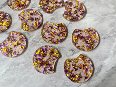 Purple & Gold Confetti Resin Beads, circle cutout acrylic 36mm Earring Necklace pendant bead, one hole at top, Gold jewelry acrylic DIY