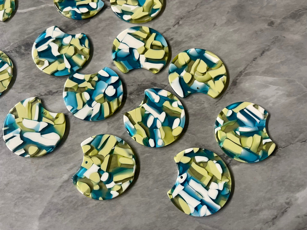 Blue Green & White Mosaic Beads, circle cutout acrylic 36mm Earring Necklace pendant bead one hole top, yellow gold acrylic circular