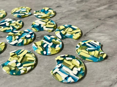 Blue Green & White Mosaic Beads, circle cutout acrylic 36mm Earring Necklace pendant bead one hole top, yellow gold acrylic circular