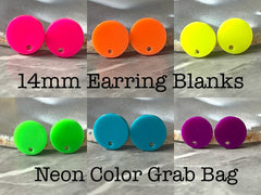 SALE! Neon 14mm post earring circle blanks, blank drop earring, neon pink yellow blue green orange purple dangle DIY earring making metallic