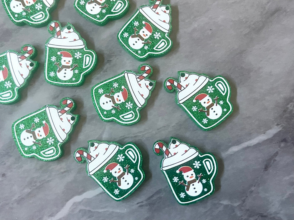 XL Christmas Cocoa Acrylic Blanks Cutout, earring jewelry making, drop blanks, 30mm green glitter hot chocolate coffee cup peppermint