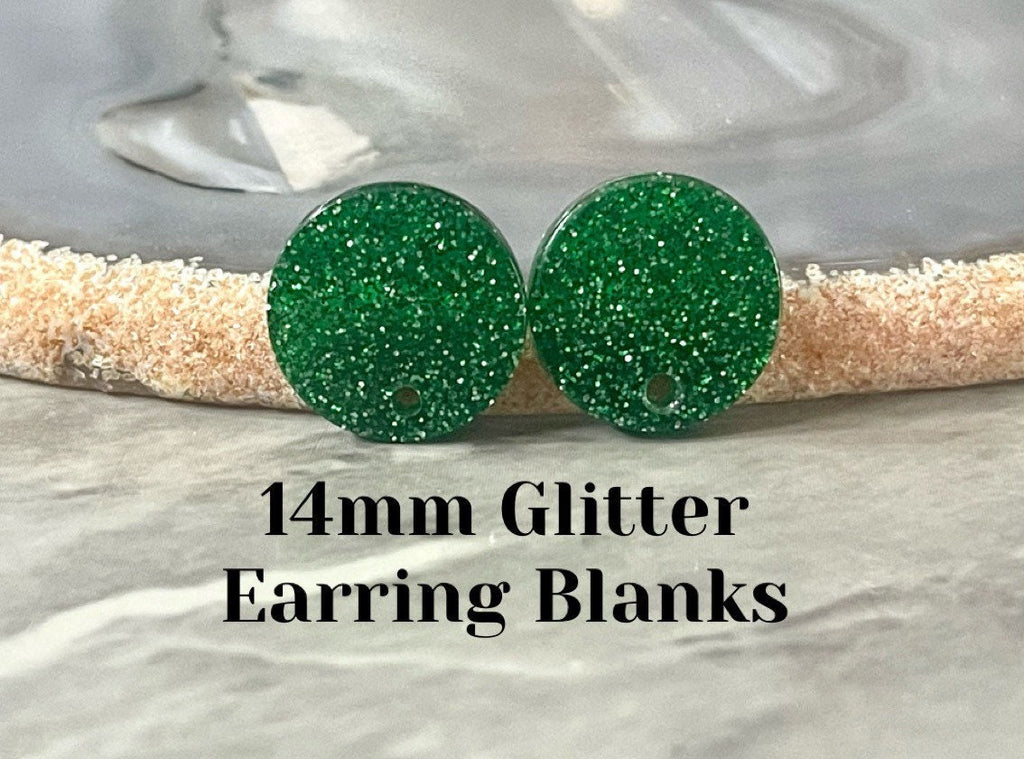 14mm Green GLITTER post earring blanks drop earring, stud jewelry dangle DIY earrings making round resin, confetti circle rainbow blanks