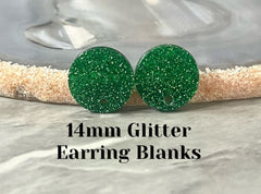 14mm Green GLITTER post earring blanks drop earring, stud jewelry dangle DIY earrings making round resin, confetti circle rainbow blanks