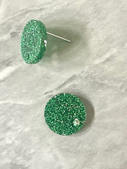 14mm Green GLITTER post earring blanks drop earring, stud jewelry dangle DIY earrings making round resin, confetti circle rainbow blanks